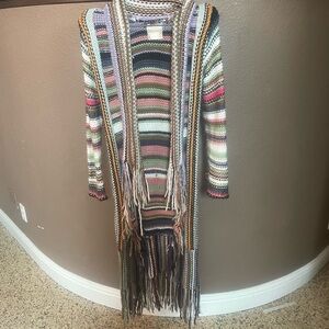 Tea Party Maxi Multicolor Fringe Boho Knit Cardigan Sweater Duster SZ S